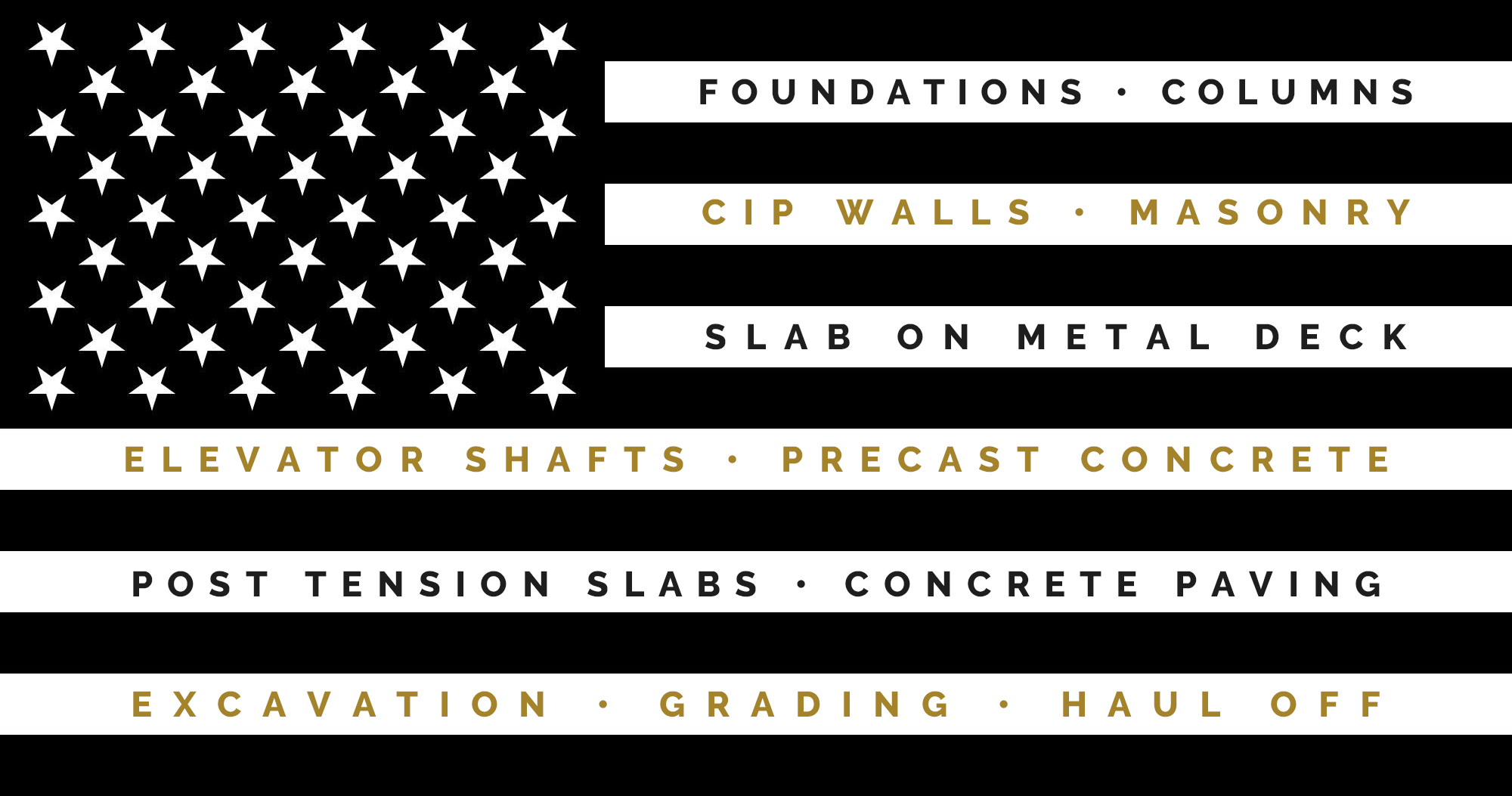 American flag with concrete services listed on the stripes